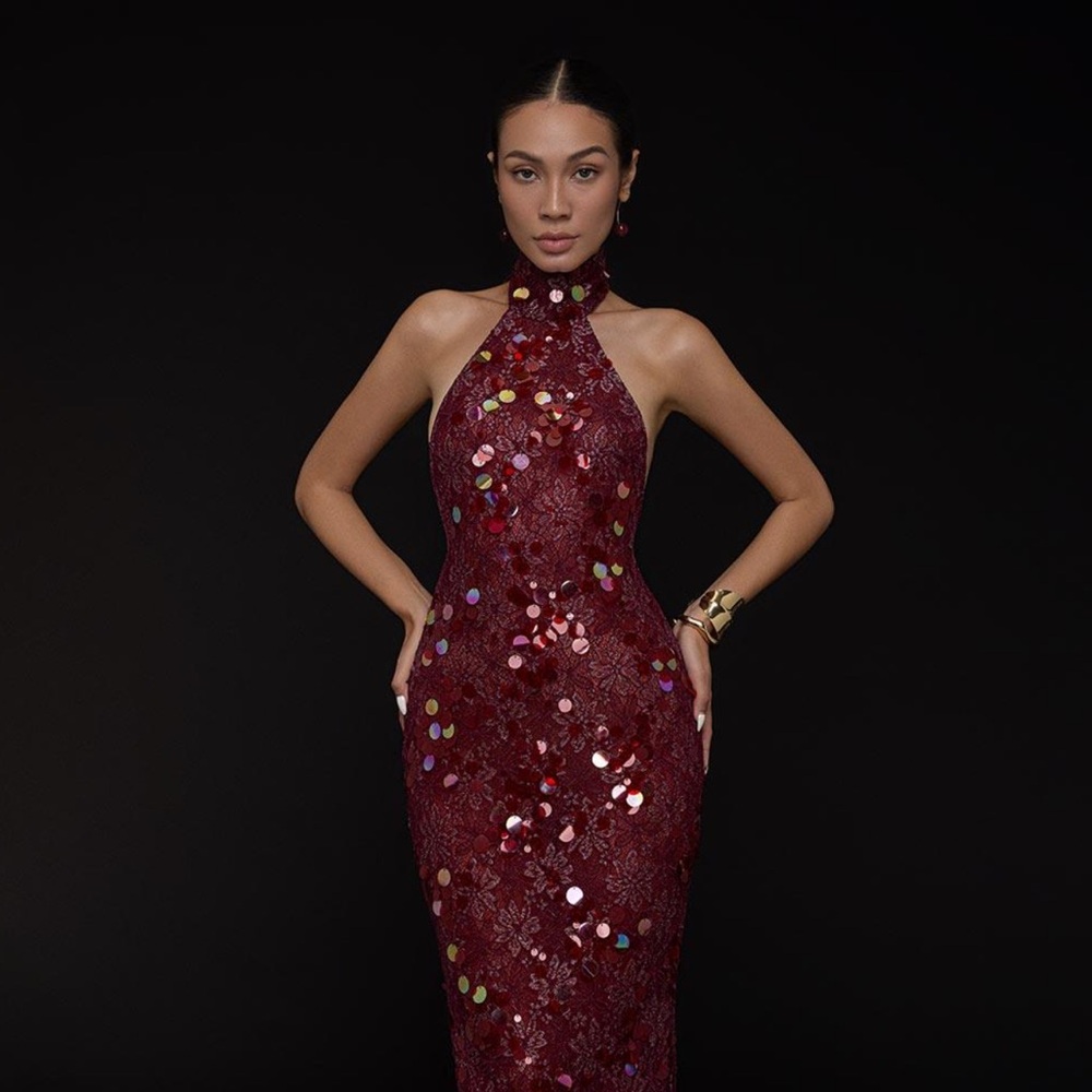 Burgundy Sequin Halter Gown
